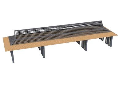 Modern Long Bench With Wooden Seat Metal Legs And Grid Backrest Design 3d model