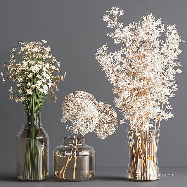Elegant Modern Glass Vase Arrangement With Dried White Flowers And Neutral Background 3d model 