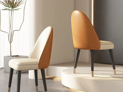 Modern Minimalist Dining Chairs With White Orange Leather Seats Black Legs Golden Feet 3d model