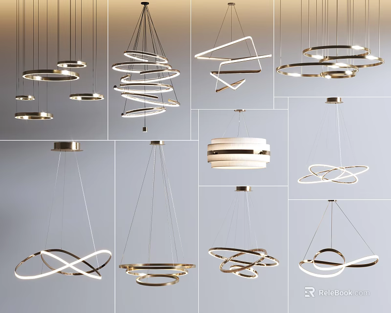 Modern Pendant Lighting Combinations with Circular Spiral and Geometric Interior Designs 3d model
