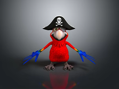 Red Parrot Wearing Pirate Hat With Skull Design And Blue Claws Standing On Reflective Surface 3d model