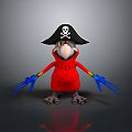 Red Parrot Wearing Pirate Hat With Skull Design And Blue Claws Standing On Reflective Surface