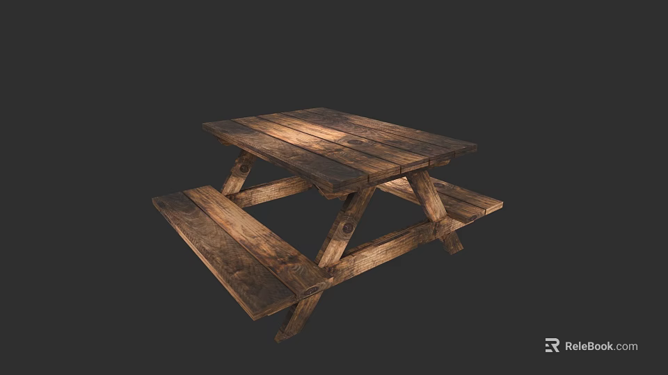 Outdoor Wooden Picnic Table With Attached Benches Natural Wood Finish 3d model 