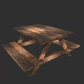 Outdoor Wooden Picnic Table With Attached Benches Natural Wood Finish