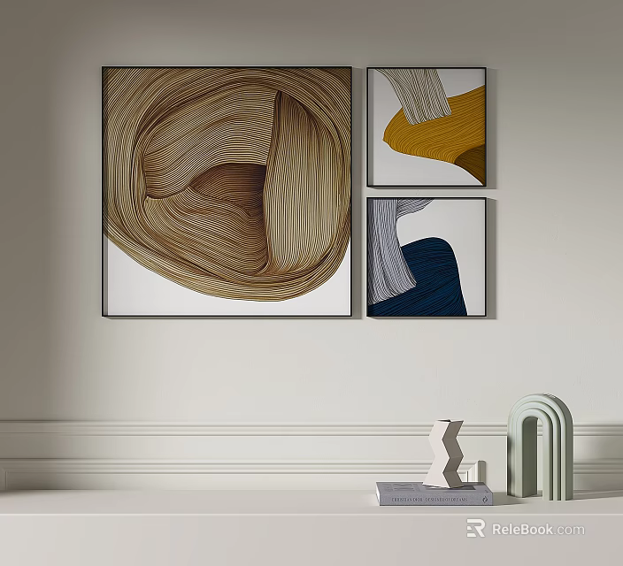Abstract Wall Paintings With Textured Patterns And Geometric Decorative Sculptures In Modern Interior 3d model