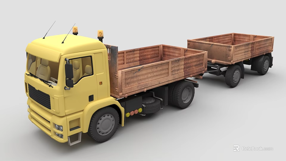 Yellow Truck With Trailer Wooden Bed Antenna And Warning Lights 3d model 