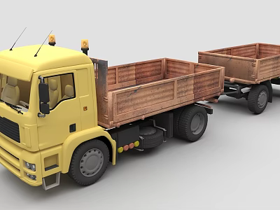 Yellow Truck With Trailer Wooden Bed Antenna And Warning Lights 3d model