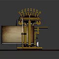 Ornate Golden Mechanical Model With Scroll Drum Gear Wheels And Wooden Base