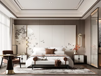 Elegant Modern Hotel Guest Room With White Bed Floral Butterfly Wall Decor Nightstands And Curtains 3d model