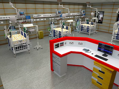 Modern Neonatal Care Unit Interior With Multiple Cribs Medical Equipment And Nurse Station 3d model