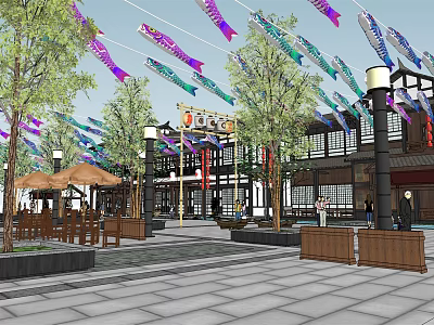 Traditional Style Commercial Street With Colorful Carp Streamers Trees And Outdoor Seating 3d model