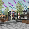 Traditional Style Commercial Street With Colorful Carp Streamers Trees And Outdoor Seating