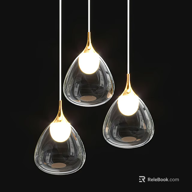Modern Glass Chandelier With Golden Accents Teardrop Shape Three Hanging Pendant Lighting Design 3d model 