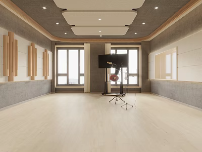 Spacious Room With Large Windows Light Wooden Flooring Wooden Wall Decor Monitor Stand And Chair 3d model