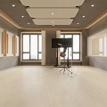 Spacious Room With Large Windows Light Wooden Flooring Wooden Wall Decor Monitor Stand And Chair