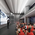 Modern Conference Room With Presenter Audience Red Seating Large Screen And Windows 3d model