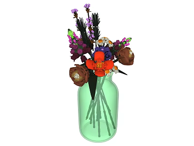Green Glass Vase with Orange Purple Flowers Brown Decorative Elements and Green Leaves 3d model