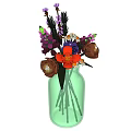 Green Glass Vase with Orange Purple Flowers Brown Decorative Elements and Green Leaves