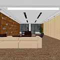Modern Front Desk Reception Area With Wooden Bookshelves Sofa Plant And Carpet