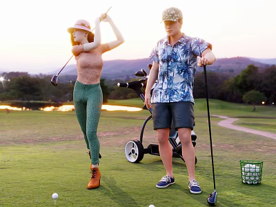 Two People Playing Golf On Course With Cart And Balls 3d model