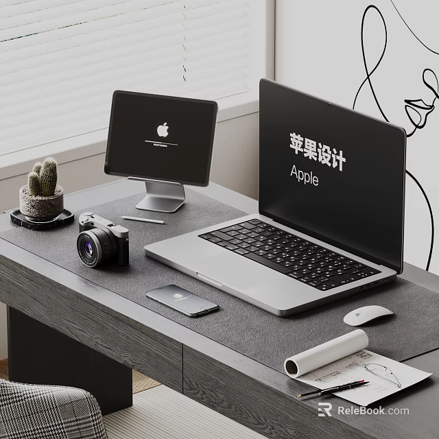 Apple Laptop And Monitor Setup With Smartphone Camera Mouse On Work Desk 3d model 