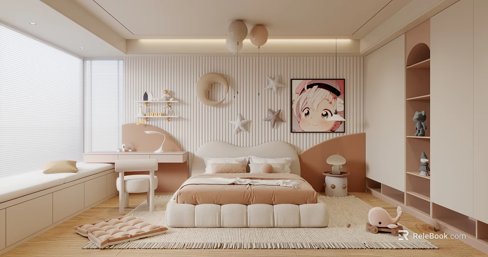 Kids Room Interior Design With Striped Walls Star Decorations Soft Bed And Cartoon Painting 3d model 