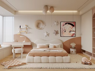 Kids Room Interior Design With Striped Walls Star Decorations Soft Bed And Cartoon Painting 3d model