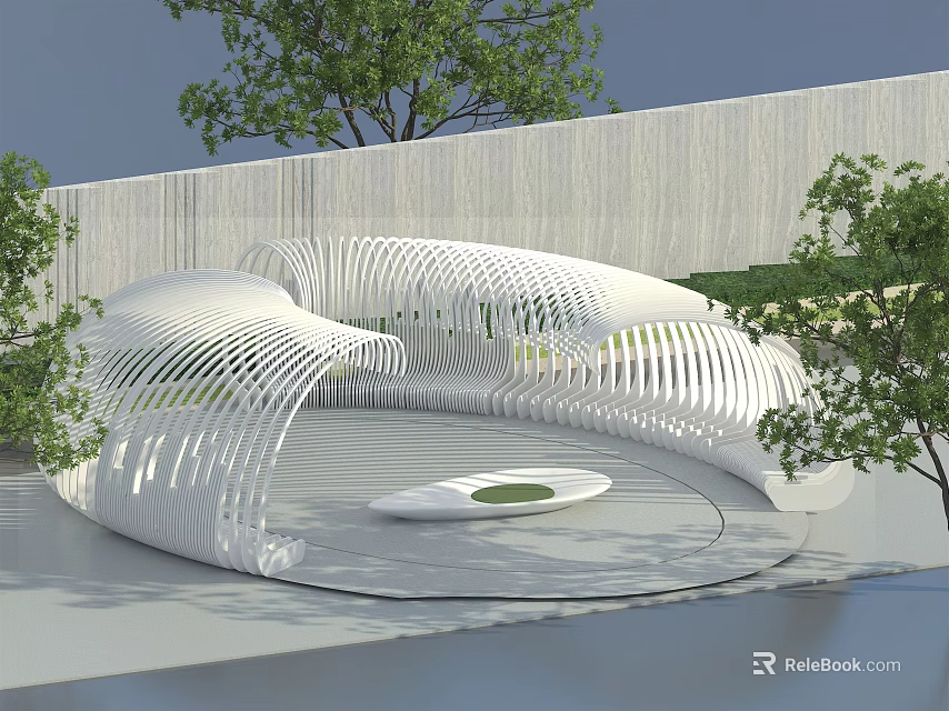 Modern White Pergola Design With Curved Structure Circular Platform And Waterfront Trees 3d model