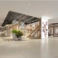 Modern Mall Lobby Interior With Wooden Staircase Green Plants Decorative Wall And Shoppers Walking