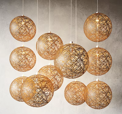 Woven Spherical Pendant Lights in Warm Tones Hanging Against Gray Background 3d model