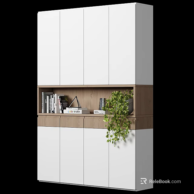 Modern Bookcase With White Panels Wooden Shelves Books Table Lamp And Green Plant 3d model 