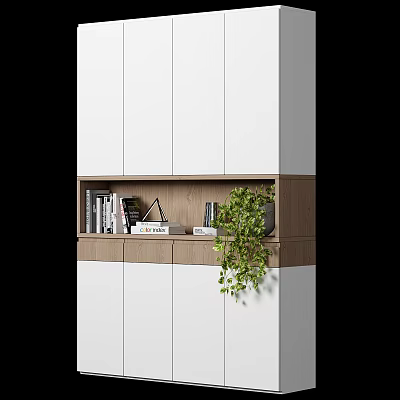 Modern Bookcase With White Panels Wooden Shelves Books Table Lamp And Green Plant 3d model