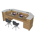 Wooden Reception Desk With White Countertop LOGO Black Chairs And Small Plant