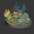 Wooden House With Pine Trees Waterfall River Small Boat and Pathway in Scenic Natural Setting
