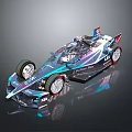 Futuristic Modern Race Car With Streamlined Body Iridescent Finish Large Wheels And Open Top