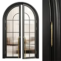 Arched Swing Door With Black Frame Glass Panels And Golden Handles