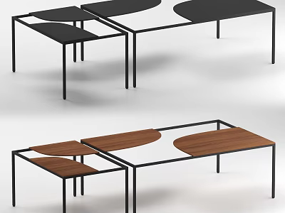Modern Nested Coffee Tables With Wooden Tops And Black Metal Frames 3d model