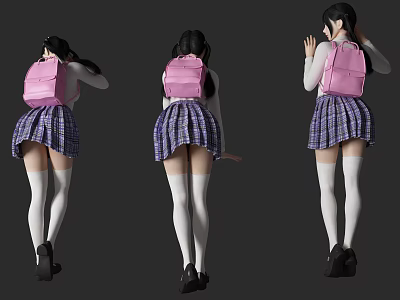 Woman In Purple Plaid Skirt White Top With Pink Backpack Black Shoes Different Angles 3d model