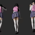 Woman In Purple Plaid Skirt White Top With Pink Backpack Black Shoes Different Angles