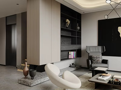 Modern Living Dining Room Interior Design With White Curved Sofa Grey Armchair And Wooden Bookshelf 3d model
