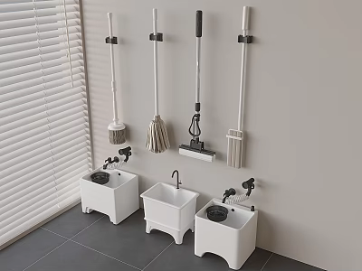 Bathroom Accessories With Wall Mounted Mop Broom Holders And White Mop Sinks 3d model