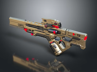 Futuristic Golden Gun with Red Accents COMT Marking 75 Identifier and Modern Mechanical Design 3d model
