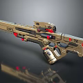 Futuristic Golden Gun with Red Accents COMT Marking 75 Identifier and Modern Mechanical Design
