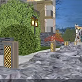 Nighttime Garden Landscape With Residential Buildings Waterscape Walking Path And Lighting