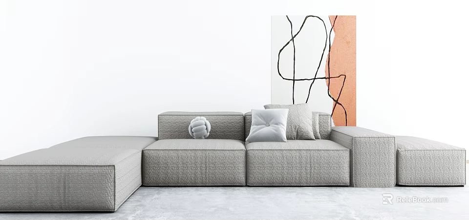Gray Sectional Sofa With Pillows And Orange Black Lines Abstract Wall Art In Modern Room 3d model 