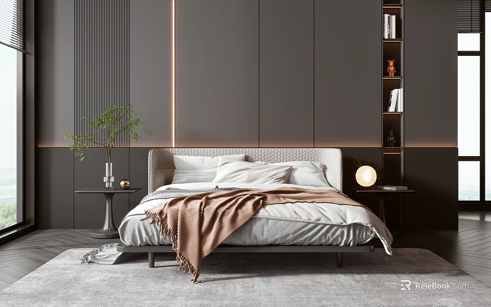 Modern Double Bed With White Sheets Brown Blanket Nightstands And Green Plant Lamp 3d model 