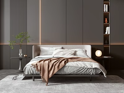 Modern Double Bed With White Sheets Brown Blanket Nightstands And Green Plant Lamp 3d model