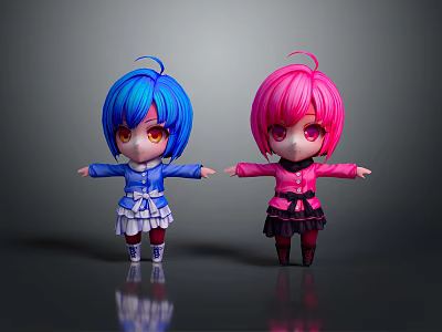 Anime Game Movie Characters With Blue Pink Hair And Colorful Outfits 3d model