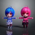 Anime Game Movie Characters With Blue Pink Hair And Colorful Outfits