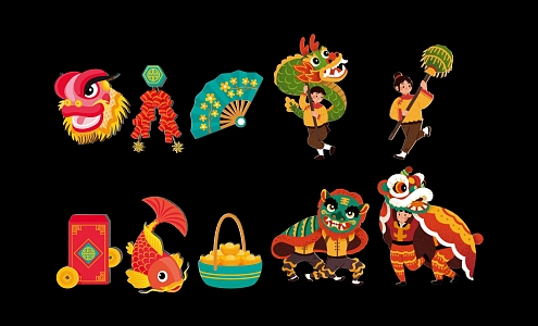 Modern 2D Dragon and Lion Dance Traditional Celebration Folk Silhouette 3d model